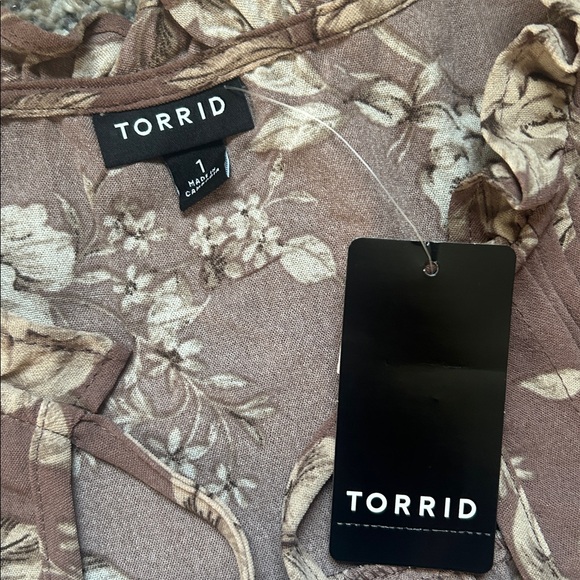 Torrid Brown & Cream Floral Pintuck Boho Blouse Peasant Sleeves V-neck  1X New - Picture 12 of 16